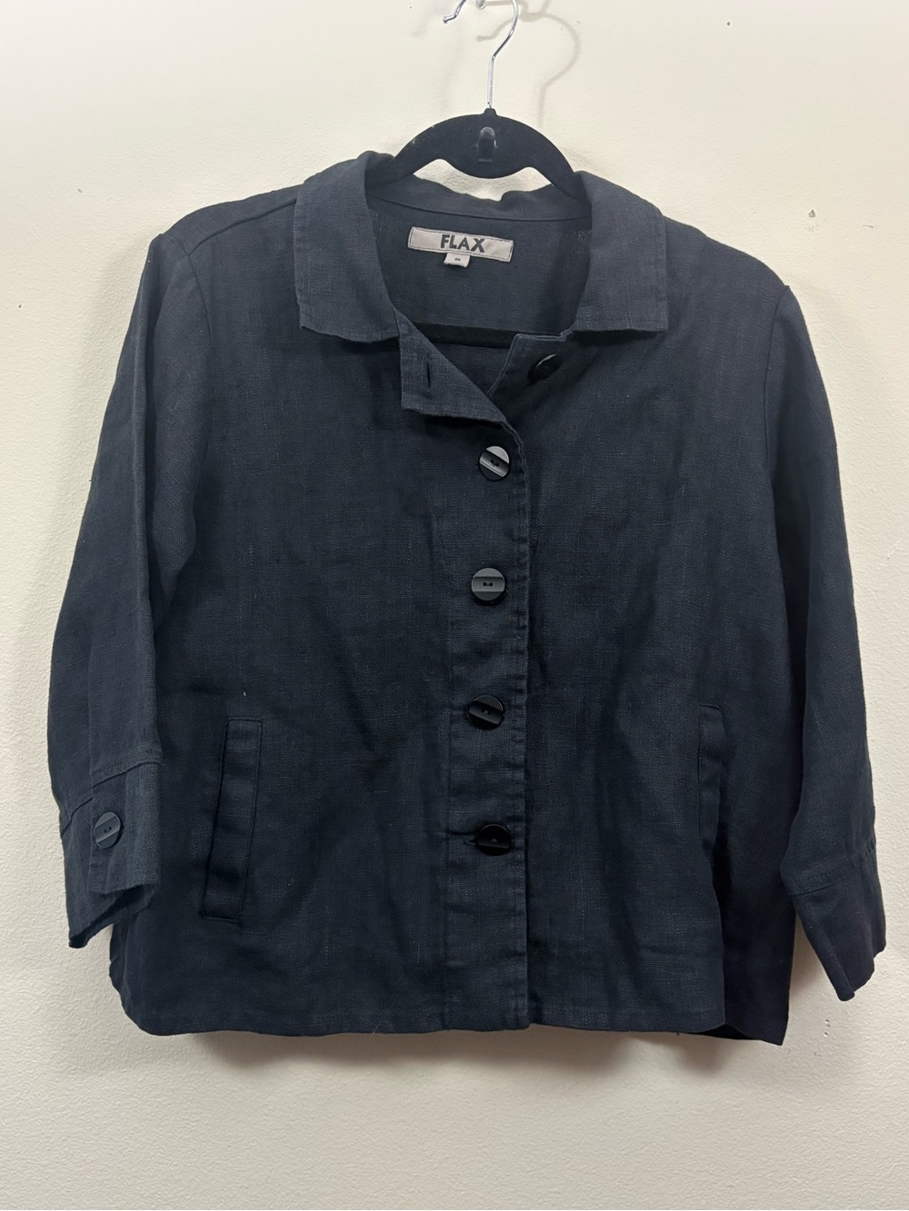 Flax linen black button down shirt jacket women’s S lagenlook art teacher 3/4